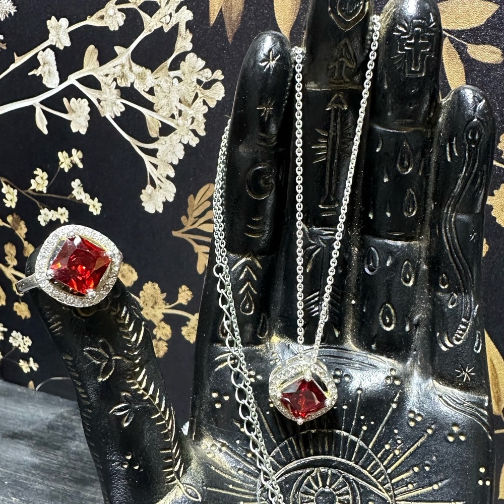 Elegant Silver Necklace and Ring Set with Red Gemstones